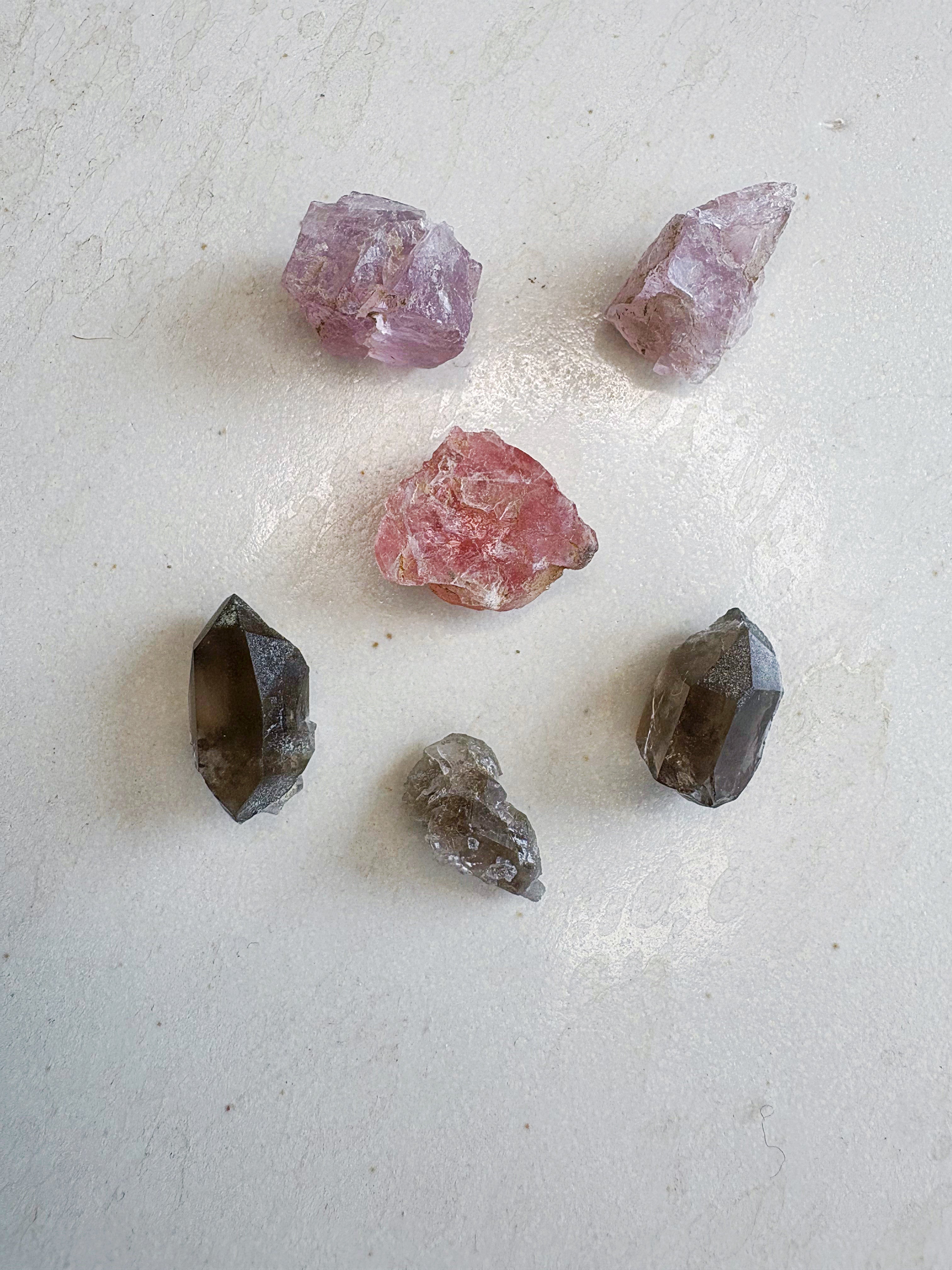 Mini lot 6 - Quartz fumé / Fluorite rose - origine FRANCE