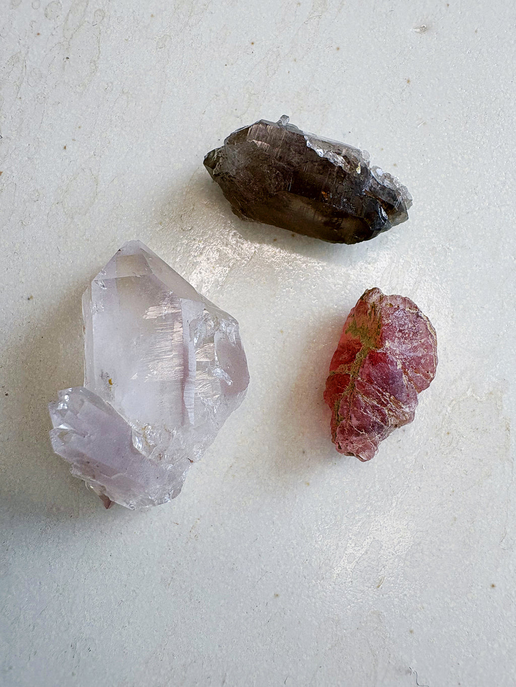 Mini trio 5 - Cristal de roche / Quartz fumé / Fluorite rose - origine FRANCE