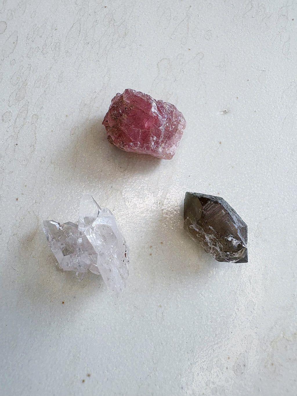 Mini trio 7 - Cristal de roche / Quartz fumé / Fluorite rose - origine FRANCE