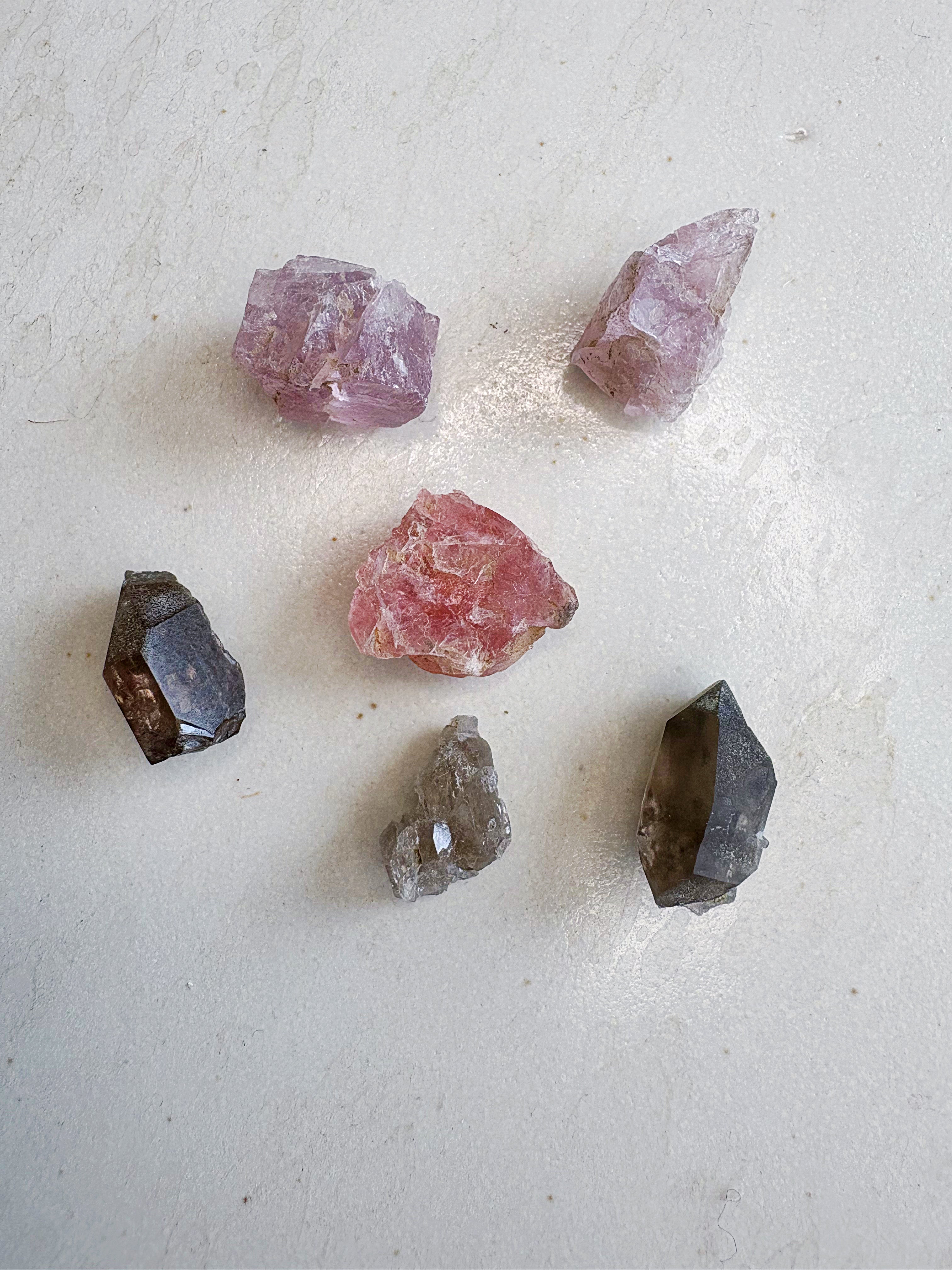 Mini lot 6 - Quartz fumé / Fluorite rose - origine FRANCE