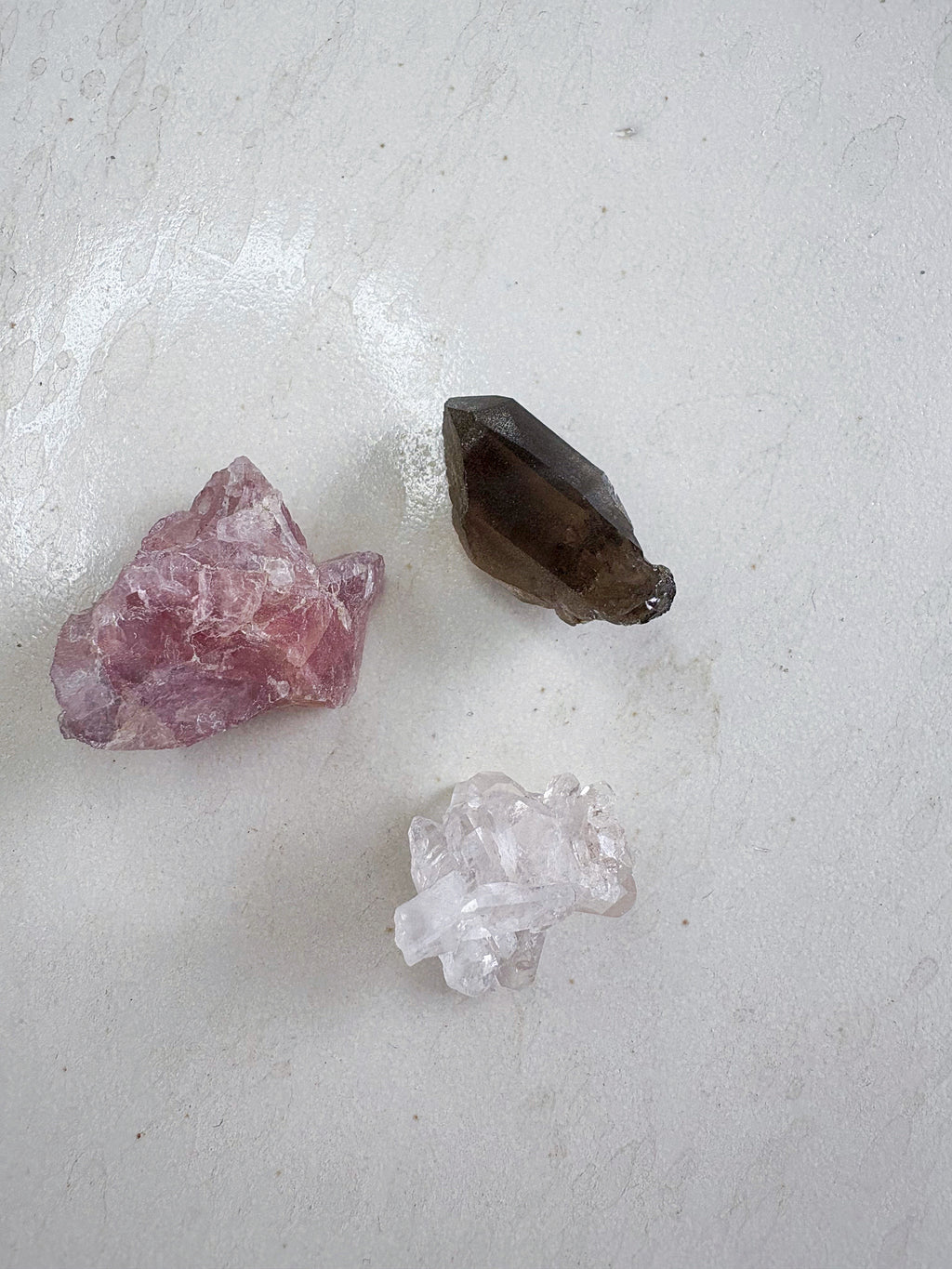 Mini trio 2 - Cristal de roche / Quartz fumé / Fluorite rose - origine FRANCE